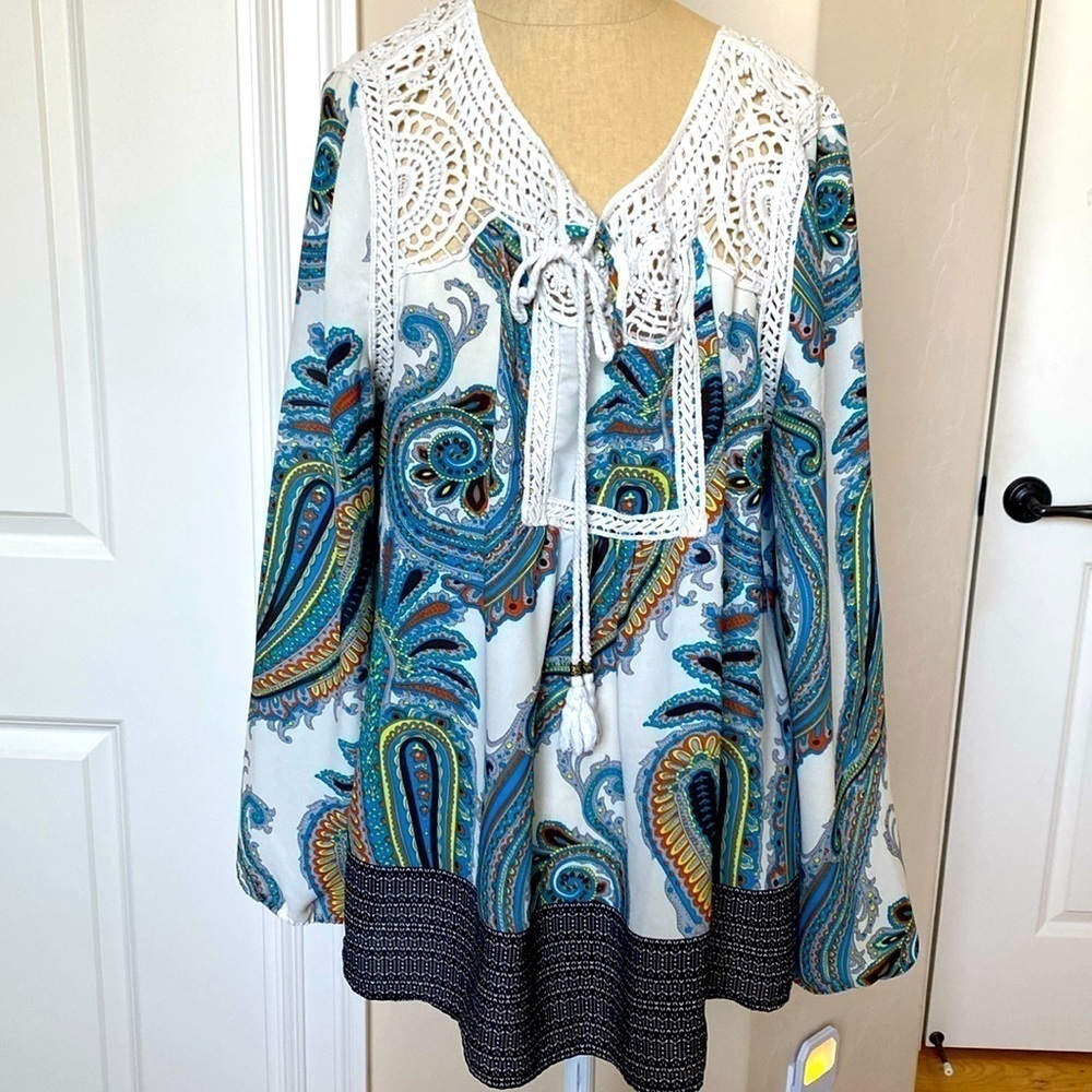 Daniel Rainn Multicolor Peasant Top Blouse Tunic Women’s L Crochet Boho paisley